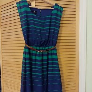 Navy with green stripes belted dress